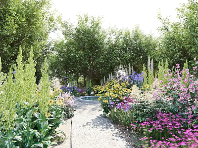 Serene Park Landscape With Stone Pathway And Colorful Flowers And Lush Trees 3d model