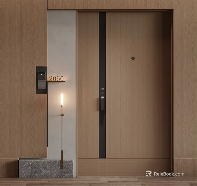 Modern Wooden Security Door With Smart Lock And Lighting 3d model 