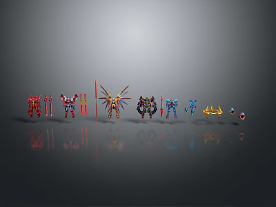 Various Colorful Character And Creature Models Arranged On Reflective Gray Surface 3d model