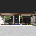 Modern Entrance Gate Design With Wooden Portico Decorative Grille And Green Plants