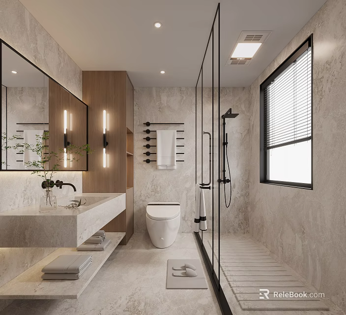 Modern Bathroom With Marble Walls Large Mirror Smart Toilet And Glass Shower 3d model 