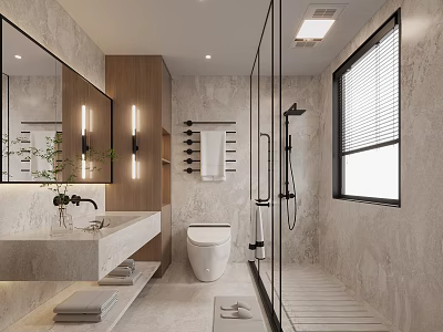 Modern Bathroom With Marble Walls Large Mirror Smart Toilet And Glass Shower 3d model