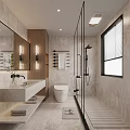 Modern Bathroom With Marble Walls Large Mirror Smart Toilet And Glass Shower