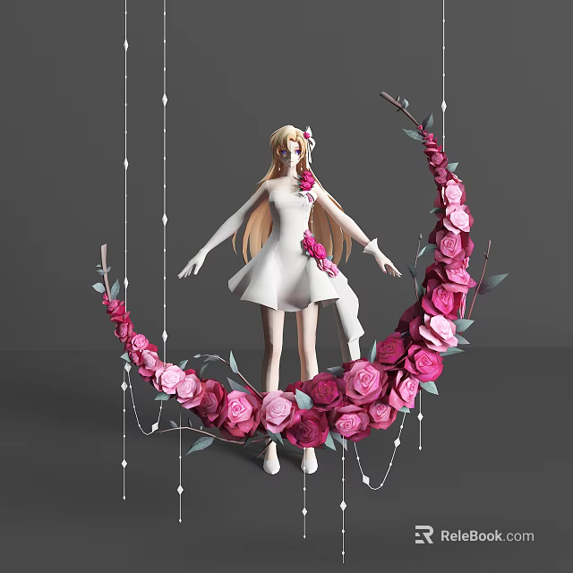 Elegant Game Movie Character in White Dress with Long Blonde Hair and Crescent Rose Decoration 3d model 
