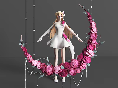 Elegant Game Movie Character in White Dress with Long Blonde Hair and Crescent Rose Decoration 3d model