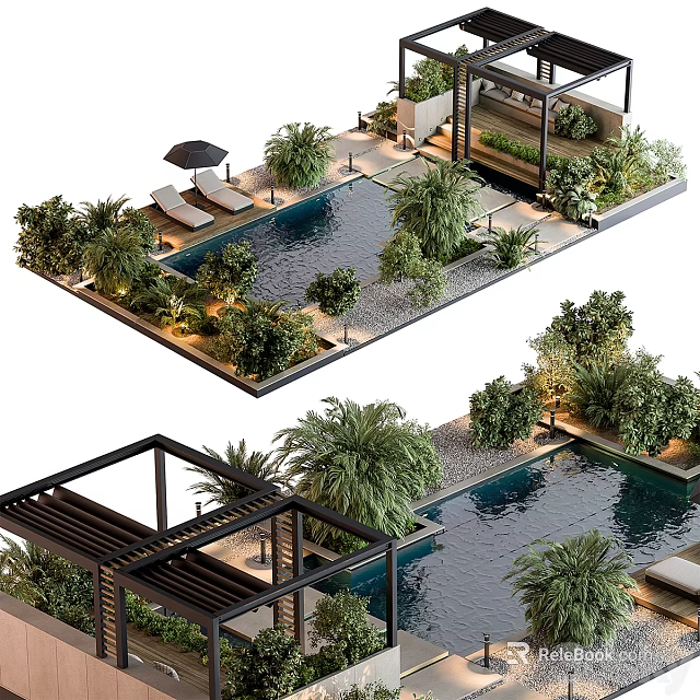 Luxurious Garden Landscape With Swimming Pool Loungers And Lush Green Plants 3d model 