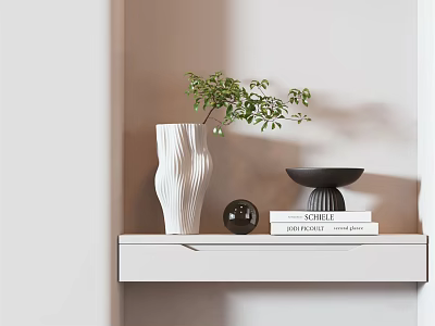 Textured White Vase with Green Plant and Black Decor on White Shelf with Books 3d model