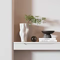 Textured White Vase with Green Plant and Black Decor on White Shelf with Books