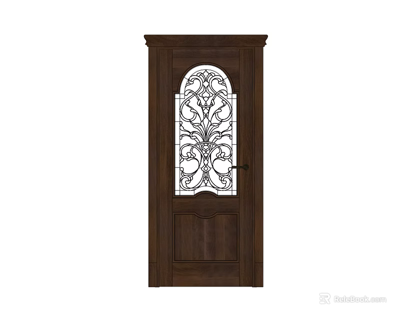 Dark Brown Swing Door With Arched Glass Window And Wrought Iron Pattern 3d model 