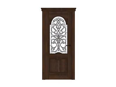 Dark Brown Swing Door With Arched Glass Window And Wrought Iron Pattern 3d model
