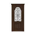 Dark Brown Swing Door With Arched Glass Window And Wrought Iron Pattern