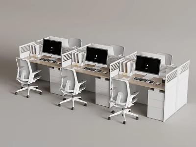 Modern Office Cubicle Workstations With Computers White Chairs And Storage Desks 3d model