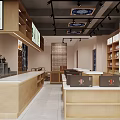 Modern Specialty Store Interior With Wooden Counters Shelves Display Screens And Decorative Ceiling