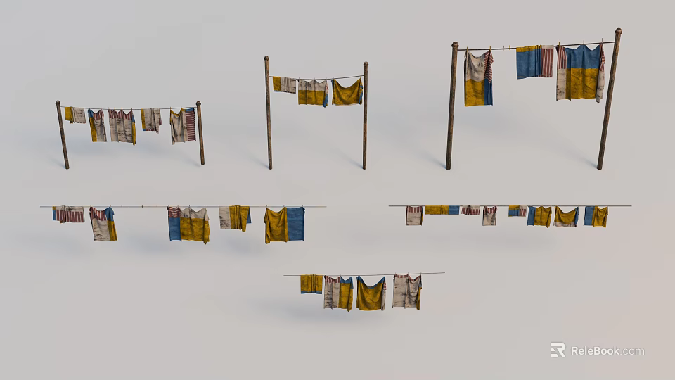 Clotheslines With Hanging Various Colored Clothes In Outdoor Setting 3d model 