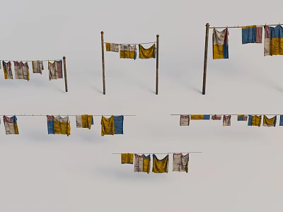 Clotheslines With Hanging Various Colored Clothes In Outdoor Setting 3d model