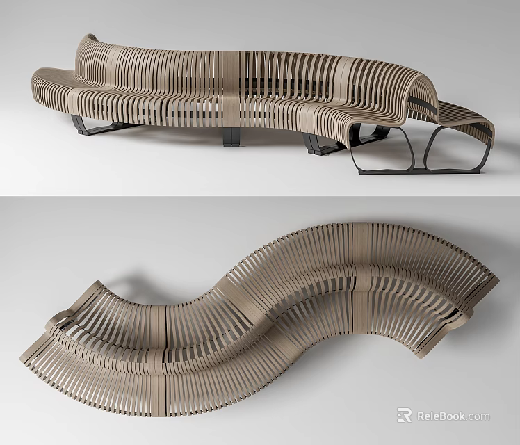Modern Curved Wooden Landscape Seat With Striped Structure Design For Outdoor Park 3d model 