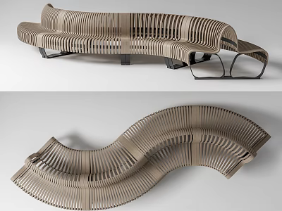 Modern Curved Wooden Landscape Seat With Striped Structure Design For Outdoor Park 3d model