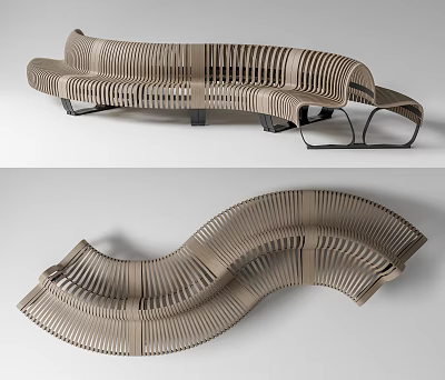 Modern Curved Wooden Landscape Seat With Striped Structure Design For Outdoor Park 3d model