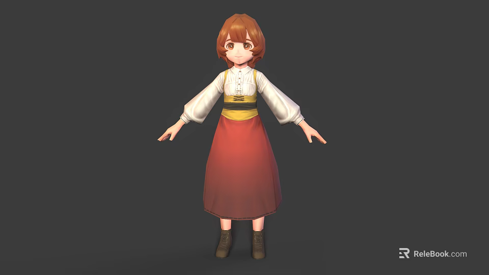 3D Character With Red Brown Hair White Blouse Yellow Belt Red Skirt And Brown Boots 3d model 