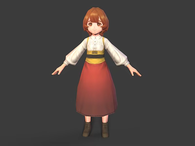 3D Character With Red Brown Hair White Blouse Yellow Belt Red Skirt And Brown Boots 3d model