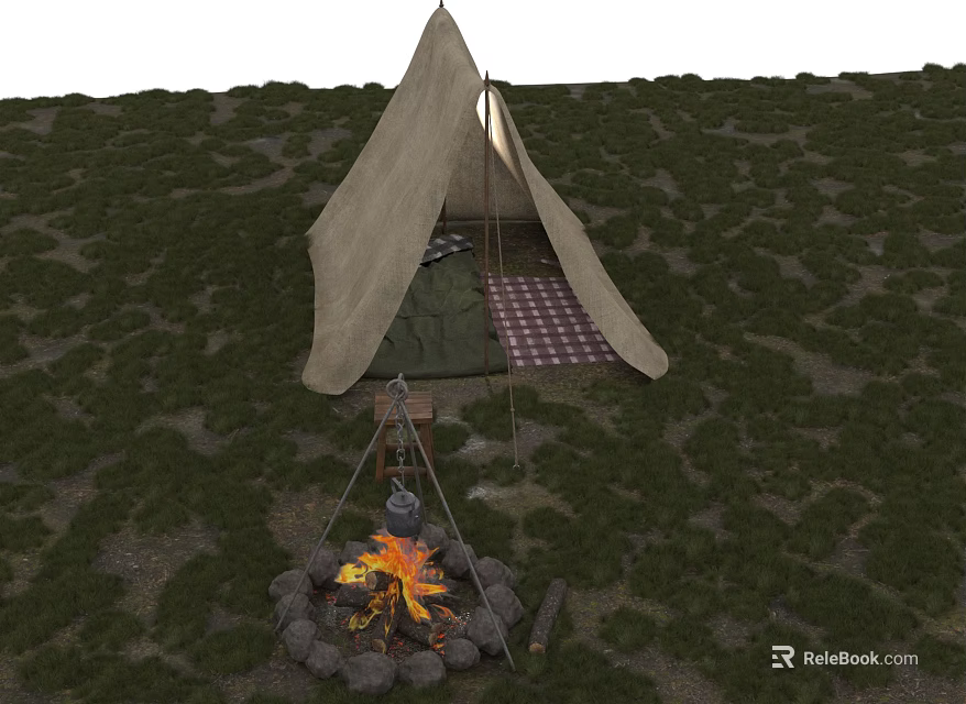 Open Door Tent with Campfire Stone Circle and Checkered Blanket in Grassy Field 3d model 