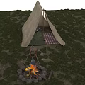 Open Door Tent with Campfire Stone Circle and Checkered Blanket in Grassy Field