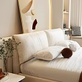 Cozy Bedroom Interior With White Bed Arched Lighting Decorative Painting And Wooden Shelves
