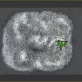 Scenic Snowy Mountain Terrain with Small Green Structure and Wooden Frame