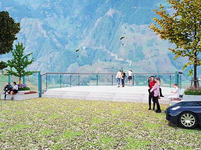 Scenic Mountain View Bridge With People Walking Green Trees And Car Nearby 3d model