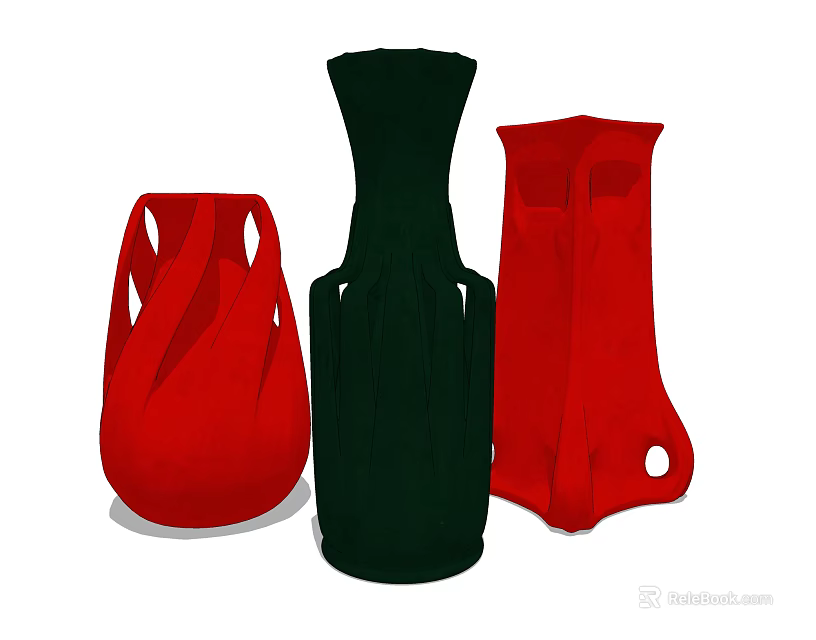 Three Red And Green Vases With Unique Decorative Designs For Home Decoration 3d model 