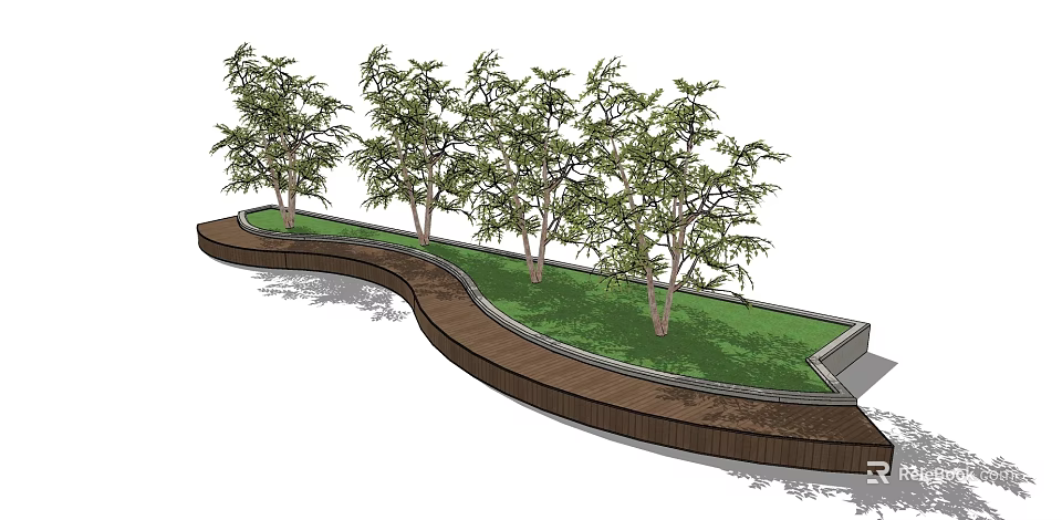 Lush Arbor Trees In Curved Landscape With Wooden Pathway And Green Lawn 3d model 