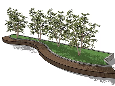 Lush Arbor Trees In Curved Landscape With Wooden Pathway And Green Lawn 3d model