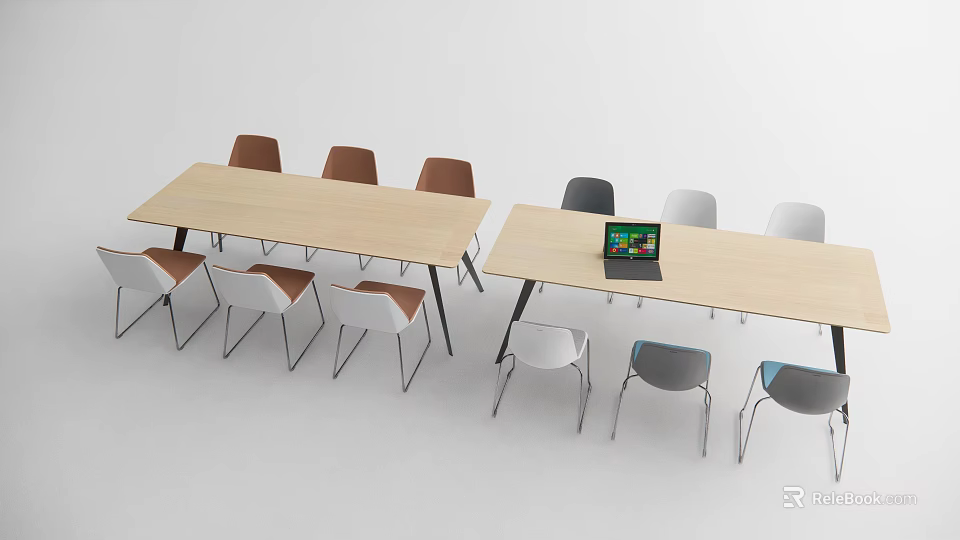 Modern Office Table And Chair Set With Light Wood Top And Brown Gray White Chairs 3d model 