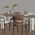 Minimalist Dining Table Set with Beige Brown Chairs Gold Legs Green Plant Vase Fruit Bowl