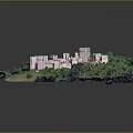 Modern Castle Model Display With Green Trees Grass Circular Layout Towers Main Building Walls