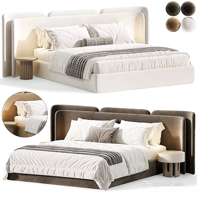 Modern Double Bed With Upholstered Headboard Plush Pillows And Simple Nightstand 3d model 