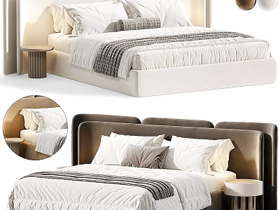 Modern Double Bed With Upholstered Headboard Plush Pillows And Simple Nightstand 3d model