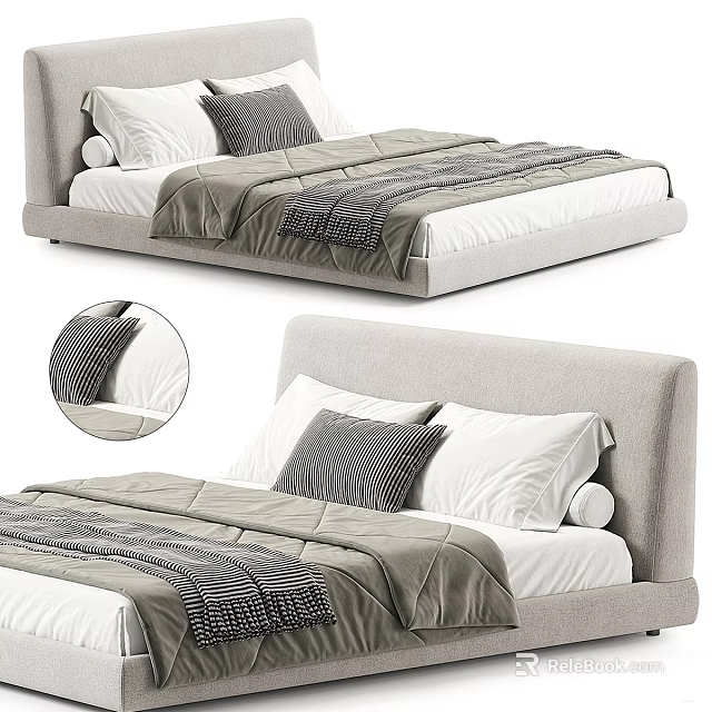 Double Bed With Light Gray Headboard White Pillows And Geometric Pattern Blanket 3d model 