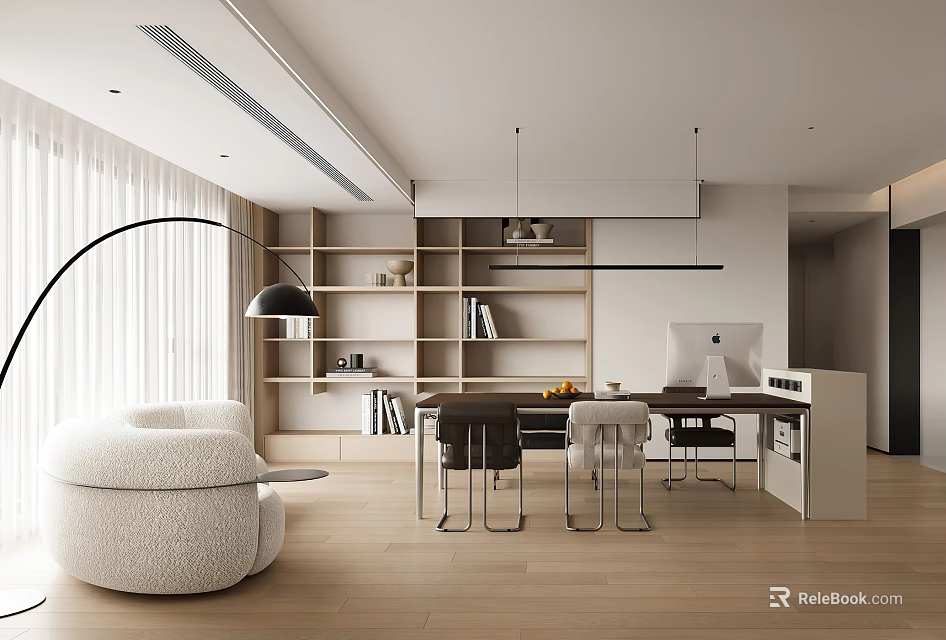 Modern Study Room Design With Built in Shelves Desk And Chairs 3d model