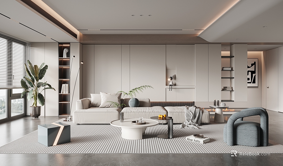 Modern Minimalist Living Room Interior Design With Light Sofa Round Coffee Table Plants And Bookshelves 3d model 