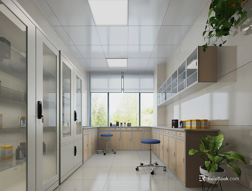 Modern Hospital Outpatient Clinic With White Ceiling Glass Door Cabinets And Blue Stools 3d model 
