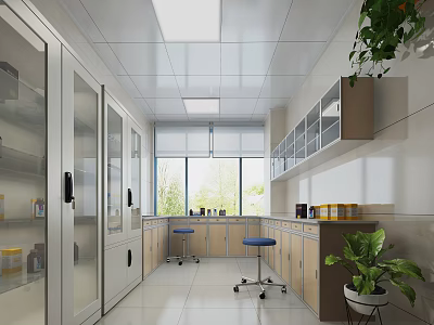 Modern Hospital Outpatient Clinic With White Ceiling Glass Door Cabinets And Blue Stools 3d model