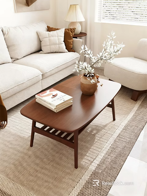 Brown Wooden Coffee Table With Stacked Books And Vase In Modern Beige Sofa Living Room 3d model 