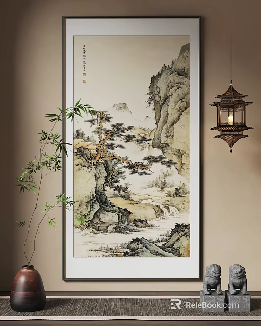 Traditional Chinese Landscape Painting with Mountains Pine Tree Waterfall Bamboo Plant and Hanging Lantern 3d model 