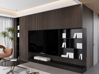 Modern Living Room Interior With Wooden Striped TV Wall Black Cabinet Bookshelves And Green Plant 3d model
