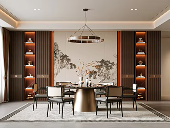 New Chinese Restaurant Dining Table and Chair Dining Chair Chandelier Carpet Accessories Floral Ornaments 3d model