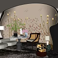 Elegant Living Room Decor With Stylish Flower Stand And Lamps