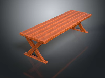 Modern Wooden Bench With Striped Top And X Shaped Legs On Dark Reflective Surface 3d model