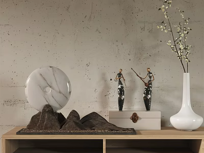Decorative Ornament Set With Marble Sphere Mountain Base Black Figurines White Vase On Wooden Shelf 3d model