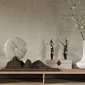 Decorative Ornament Set With Marble Sphere Mountain Base Black Figurines White Vase On Wooden Shelf